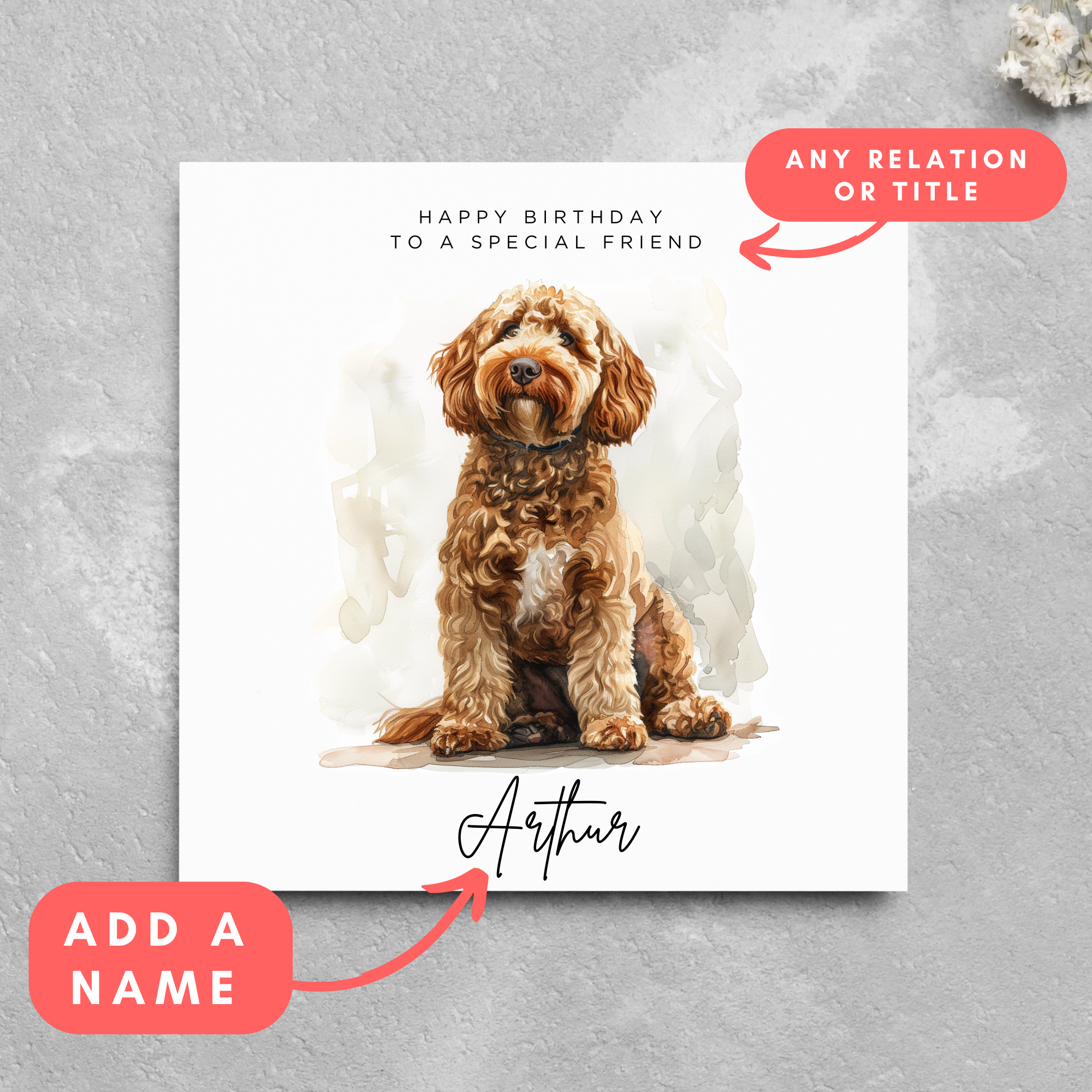 Personalised Labradoodle Recipient Name Birthday Greeting Card