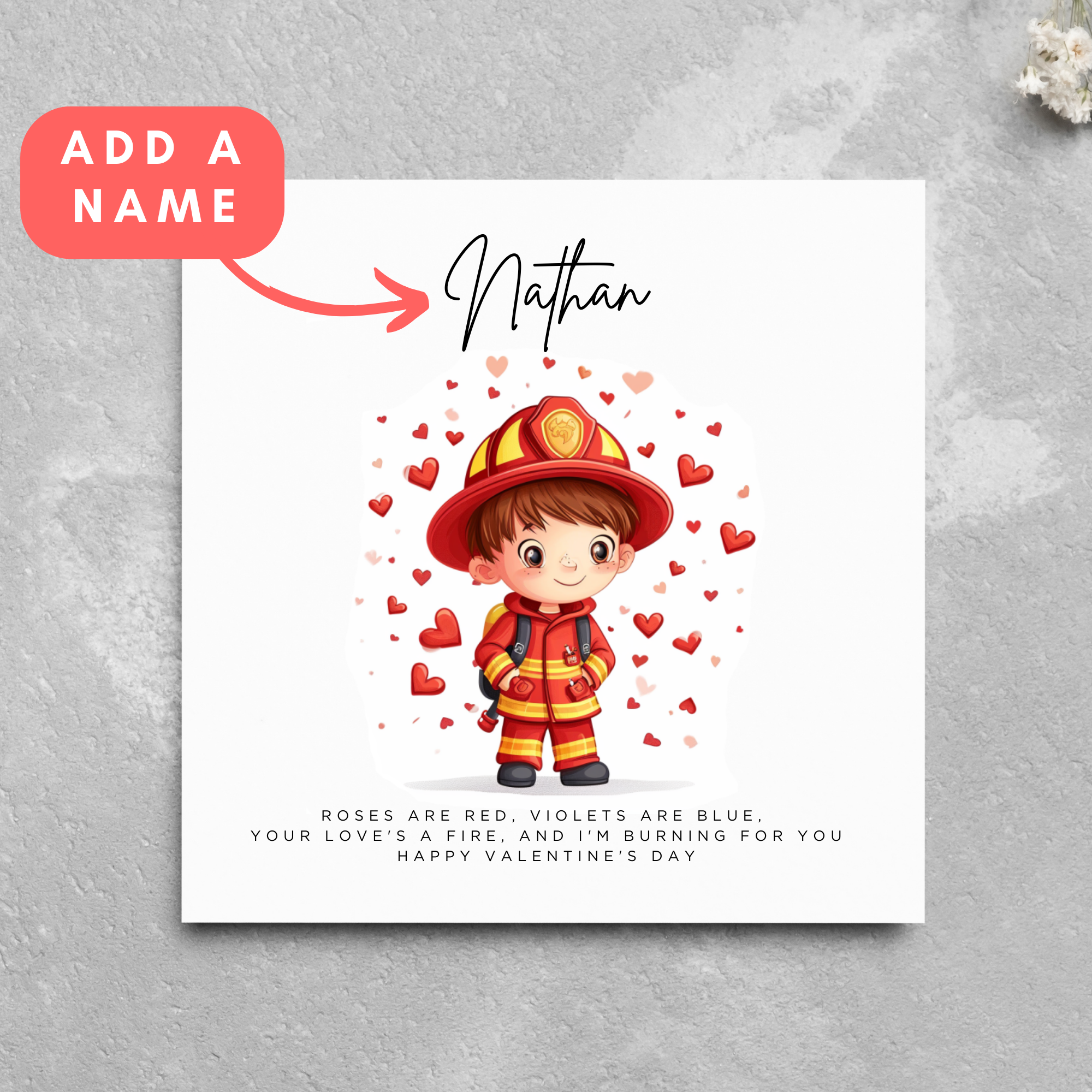 Personalised Fireman Name Valentine's Day Card