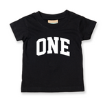 Load image into Gallery viewer, One 1st Birthday Kids Varsity Arc Text T-shirt
