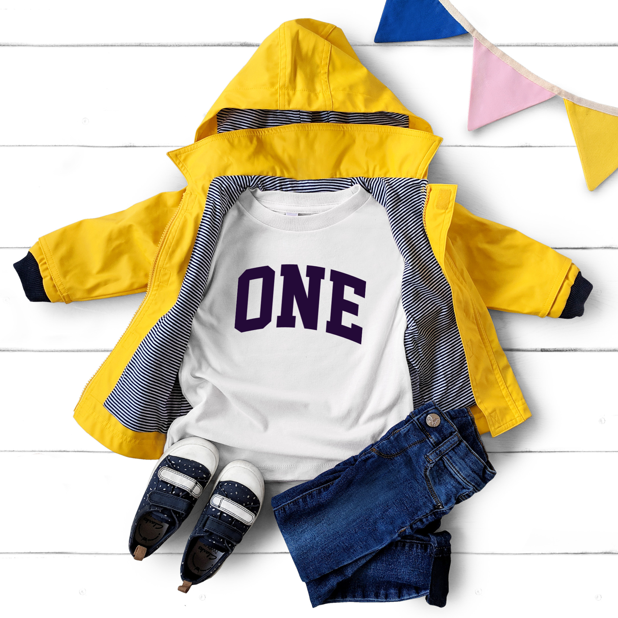 One 1st Birthday Kids Varsity Arc Text T-shirt