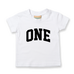 Load image into Gallery viewer, One 1st Birthday Kids Varsity Arc Text T-shirt
