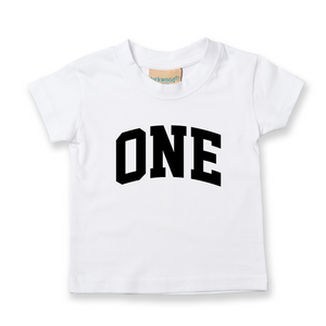 One 1st Birthday Kids Varsity Arc Text T-shirt