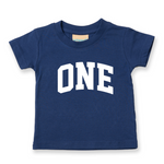 Load image into Gallery viewer, One 1st Birthday Kids Varsity Arc Text T-shirt
