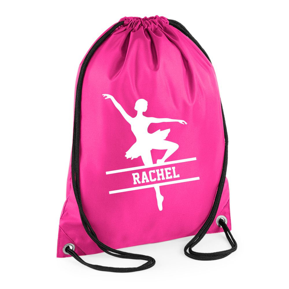 Personalised Name Drawstring Ballet Dancer Bag SPLIT Design School Club PE Custom Name Childrens Bag Kids Backpack Ballerina Bag Name - Red Leader Clothing