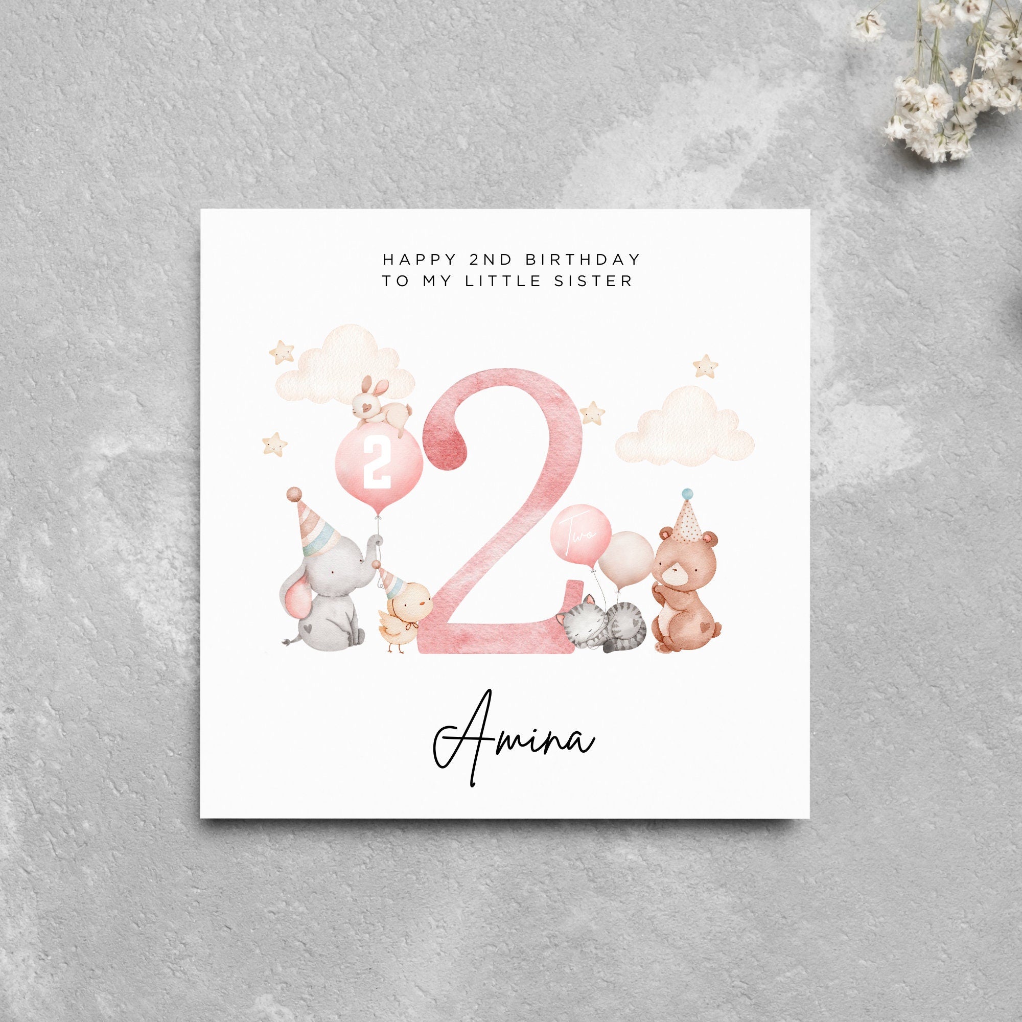 Personalised 2nd Birthday Card My Little Sister Cute Animals