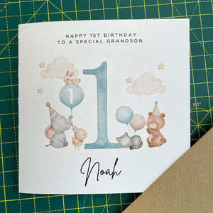 Personalised 1st Birthday Card GRANDSON Cute Animals