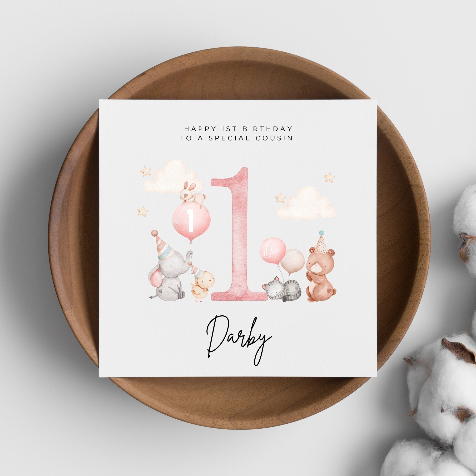 Personalised 1st Birthday Girl COUSIN Cute Animals Card