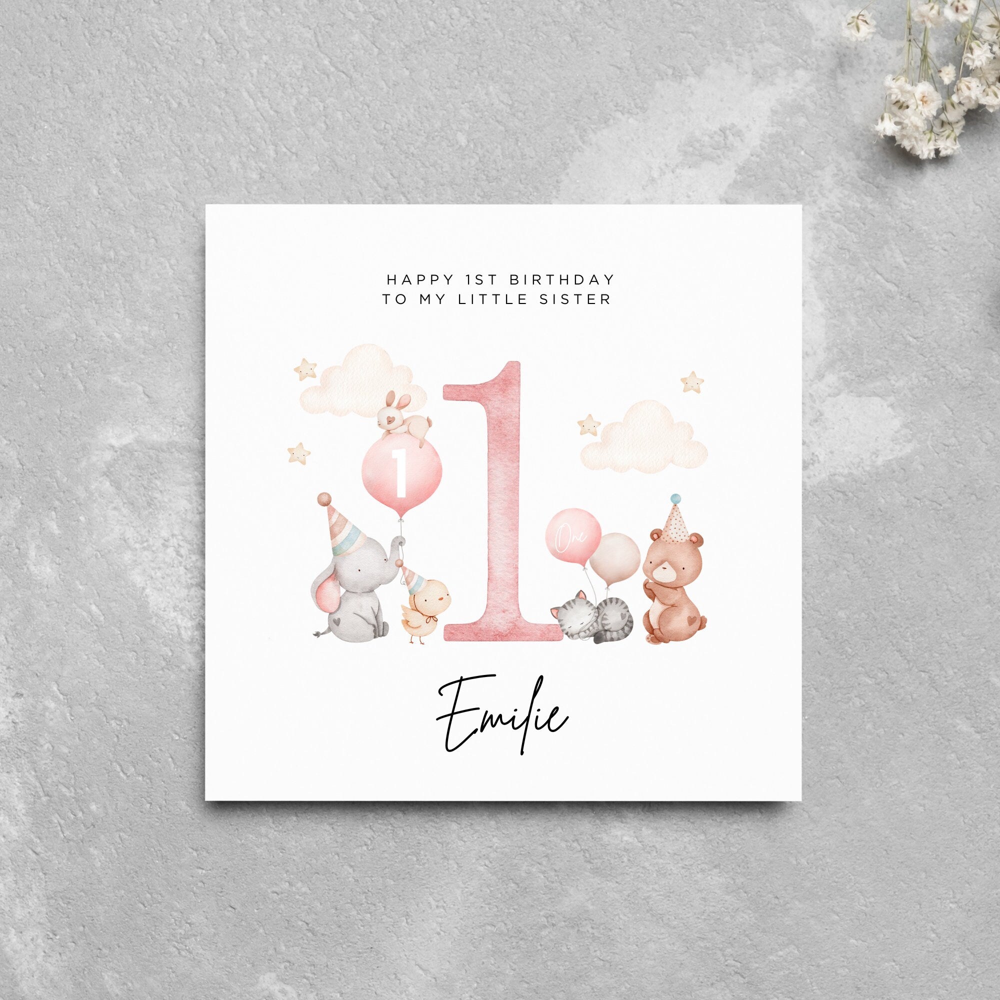 Personalised 1st Birthday Card MY LITTLE SISTER Cute Animals